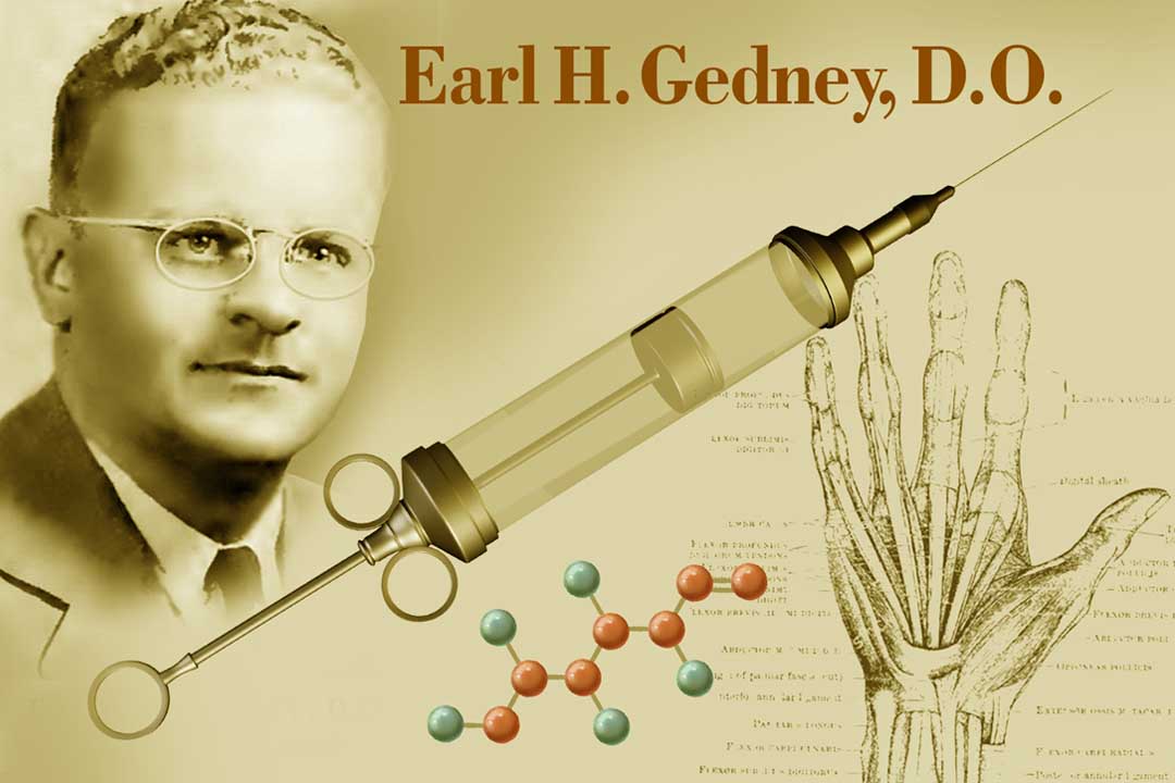 Earl Gedney, DO a pioneer of dextrose prolotherapy shown with the dextrose molecule and an old fashioned syringe and anatomical drawing of the the hand.