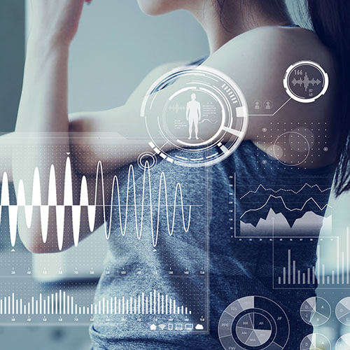 prolotherapy blueprint data conceptual overlay on an athletic woman